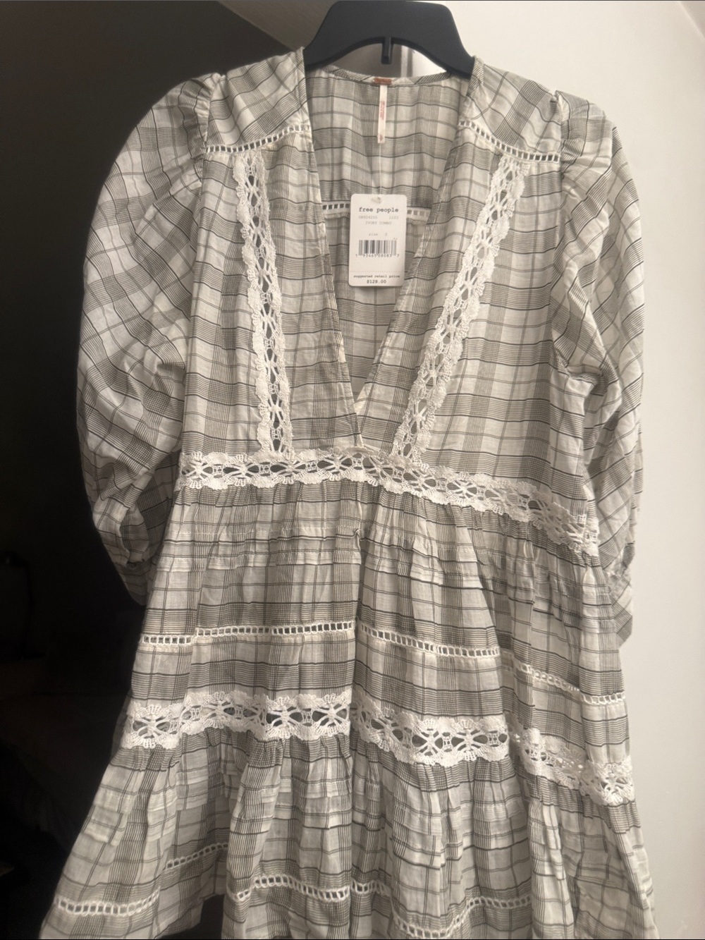 Free People Gray Plaid Lace-Trim Tiered Tunic